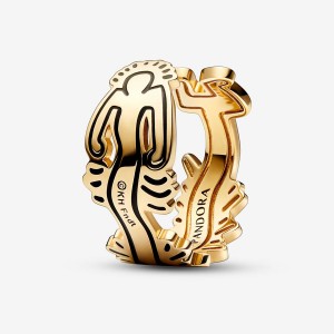 Gold plated Pandora Keith Haring x Wavy Figure Open Band Rings | EBOJCW-648