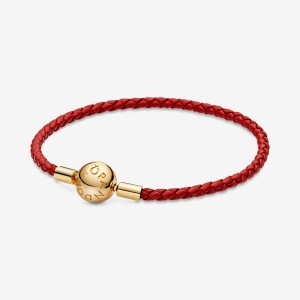 Gold plated Pandora Moments Red Woven Charm Bracelets | YNZOTW-312