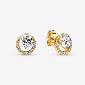 Gold plated Pandora Sparkling Round Halo & Solitaire Rings | XBPLQK-802