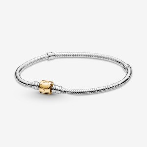 Rose gold plated Pandora Moments Barrel Clasp Snake Chain Bracelets | QKTHRE-189