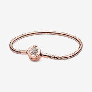 Rose gold plated Pandora Moments Sparkling Crown O Snake Chain Bracelets | SOCUJP-514