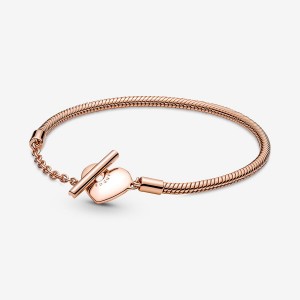 Rose gold plated Pandora Moments T-Bar Snake Charm Bracelets | DKJBSA-254