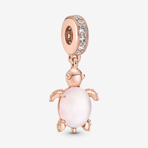 Rose gold plated Pandora Murano Glass Pink Sea Turtle Dangle Charms | VOYHLC-732