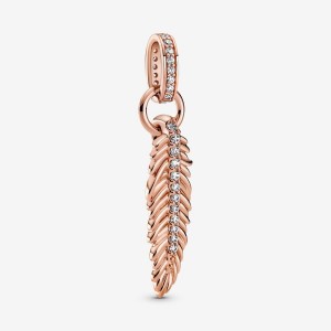 Rose gold plated Pandora Sparkling Feather Dangle Charms | HTWROJ-891