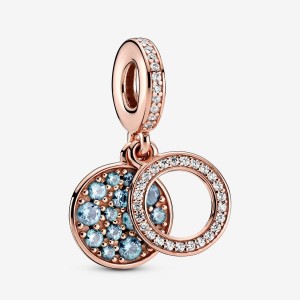 Rose gold plated Pandora Sparkling Light Blue Disc Double Dangle Charms | JRLCUN-104