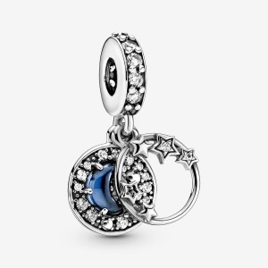 Sterling silver Pandora Blue Night Sky Crescent Moon & Stars Dangle Charms | PNDFVB-675