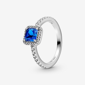 Sterling silver Pandora Blue Square Sparkle Halo & Solitaire Rings | XWKFDN-186