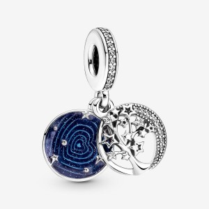 Sterling silver Pandora Double Tree & Galaxy Moon Dangle Charms | BVUDWQ-763