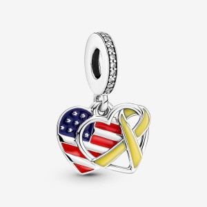 Sterling silver Pandora Heart Flag & Remembrance Ribbon Double Dangle Charms | DOQNCV-486