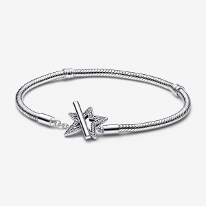 Sterling silver Pandora Moments Asymmetric Star T-bar Snake Charm Bracelets | HQFCZK-542