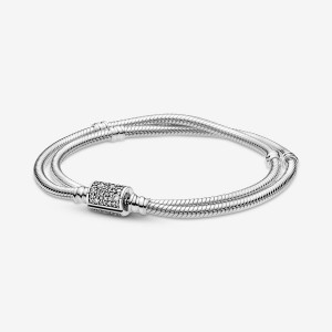 Sterling silver Pandora Moments Double Wrap Barrel Clasp Snake Charm Holders | HUQOYJ-591