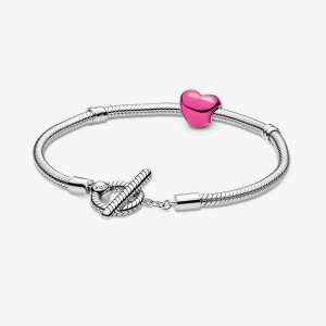 Sterling silver Pandora Moments Pink & T-Bar Gift Charm Bracelets | REHKWB-016