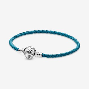 Sterling silver Pandora Moments Seashell Clasp Turquoise Braided Charm Holders | NAVTPQ-643