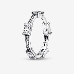 Sterling silver Pandora Rectangular Bars Sparkling Pave Stackable Rings | MGUZQE-018