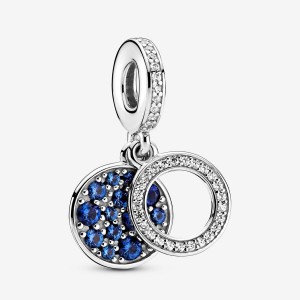 Sterling silver Pandora Sparkling Blue Disc Double Dangle Charms | SKONHP-468