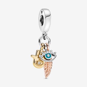 Tri-tone Pandora Hamsa All-seeing Eye & Feather Spirituality Dangle Charms | OHFZNT-273