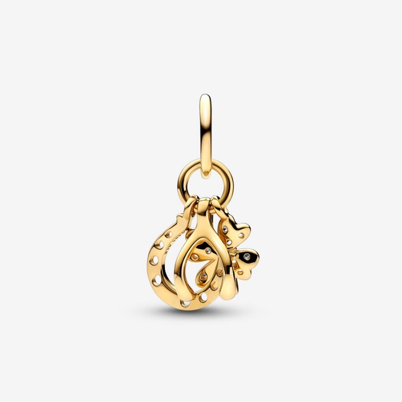 Gold Pandora Lucky Clover Wishbone & Horseshoe Dangle Charms | ABGVZM-105