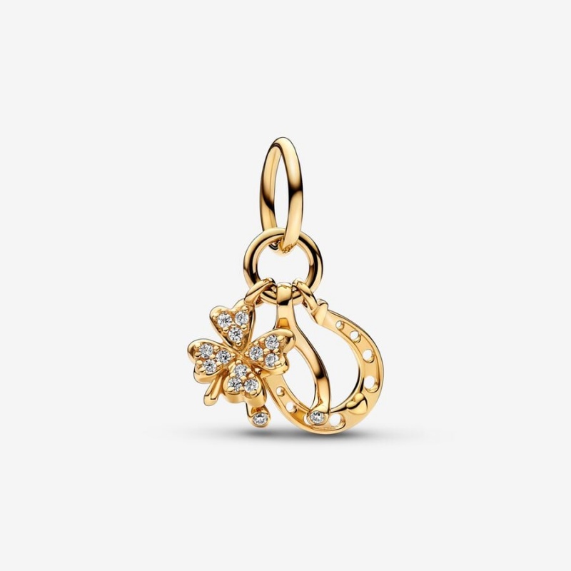 Gold Pandora Lucky Clover Wishbone & Horseshoe Dangle Charms | ABGVZM-105