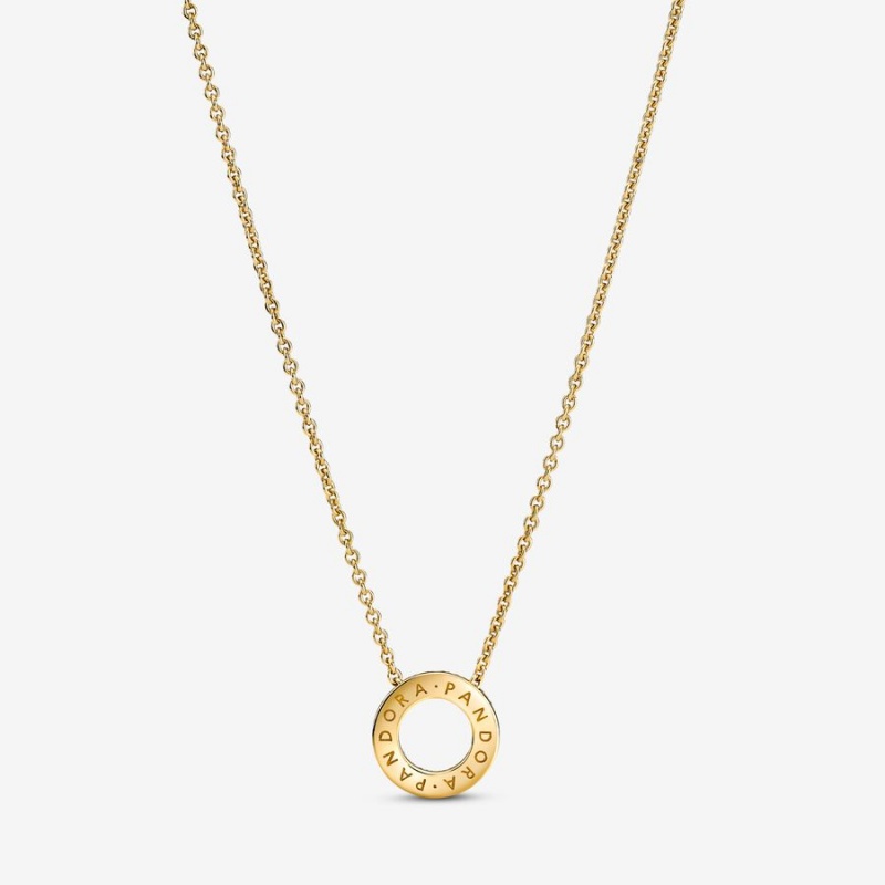 Gold plated Pandora Logo Pave Circle Collier Pendant Necklaces | SHMCIG-369