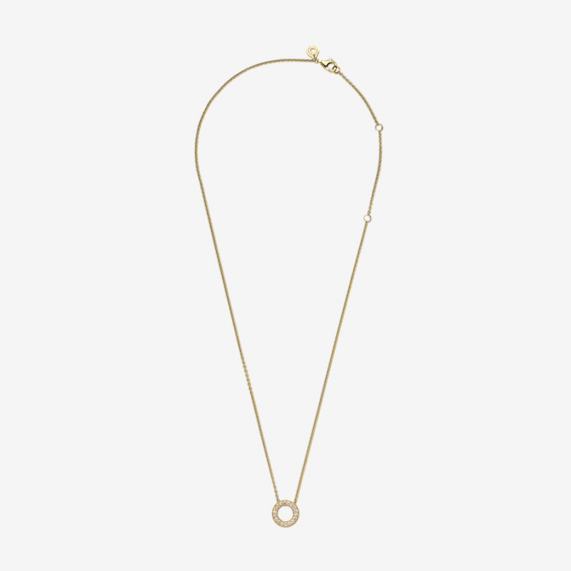 Gold plated Pandora Logo Pave Circle Collier Pendant Necklaces | SHMCIG-369