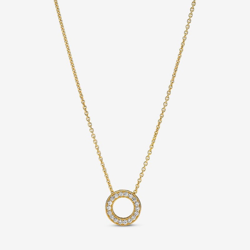 Gold plated Pandora Logo Pave Circle Collier Pendant Necklaces | SHMCIG-369