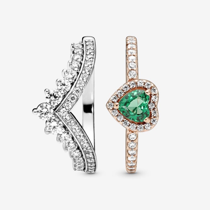 Multicolor Pandora Green Princess Wishbone Stacking Ring Sets | TZGERX-765