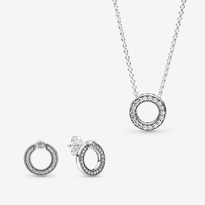 Multicolor Pandora Pave Logo Circle Necklace & Earring Sets | RJTVQD-867