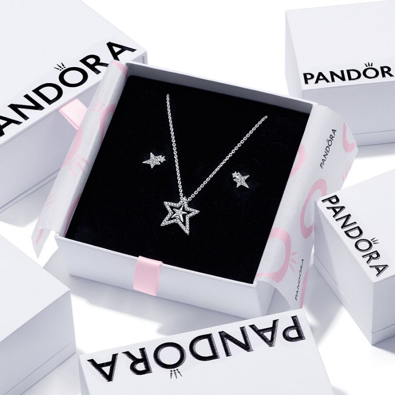 Multicolor Pandora Sparkling Asymetric Star Gift Pendant Necklaces | TZVXLO-413