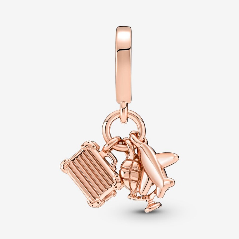 Rose gold plated Pandora Airplane Globe & Suitcase Triple Dangle Charms | MIHRWJ-849