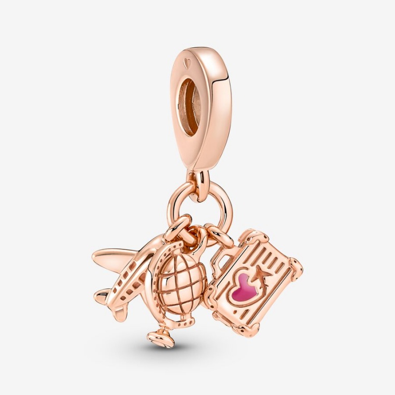 Rose gold plated Pandora Airplane Globe & Suitcase Triple Dangle Charms | MIHRWJ-849