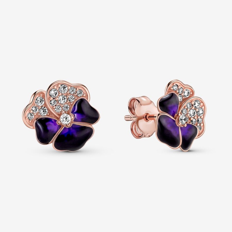 Rose gold plated Pandora Deep Purple Pansy Flower Stud Earrings | DSTMZG-982