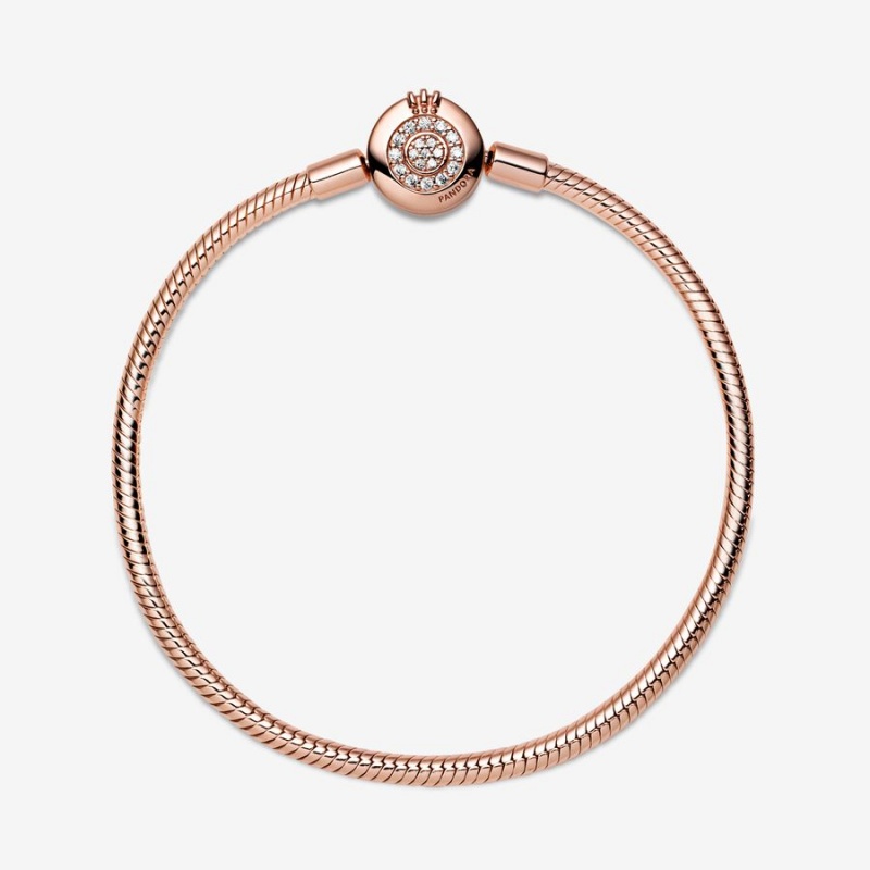 Rose gold plated Pandora Moments Sparkling Crown O Snake Chain Bracelets | SOCUJP-514