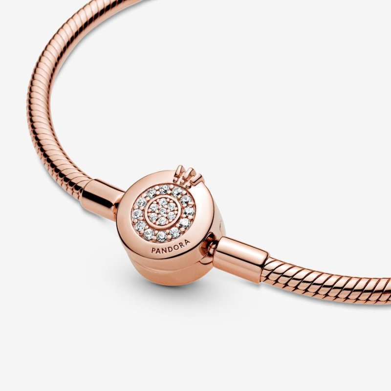 Rose gold plated Pandora Moments Sparkling Crown O Snake Chain Bracelets | SOCUJP-514