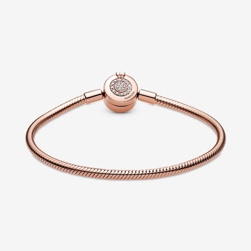 Rose gold plated Pandora Moments Sparkling Crown O Snake Chain Bracelets | SOCUJP-514