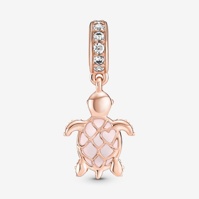 Rose gold plated Pandora Murano Glass Pink Sea Turtle Dangle Charms | VOYHLC-732