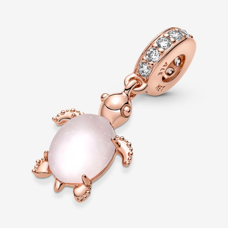 Rose gold plated Pandora Murano Glass Pink Sea Turtle Dangle Charms | VOYHLC-732