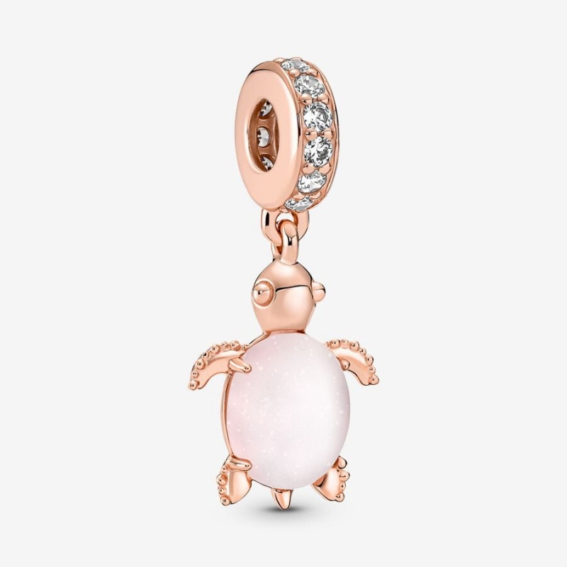 Rose gold plated Pandora Murano Glass Pink Sea Turtle Dangle Charms | VOYHLC-732