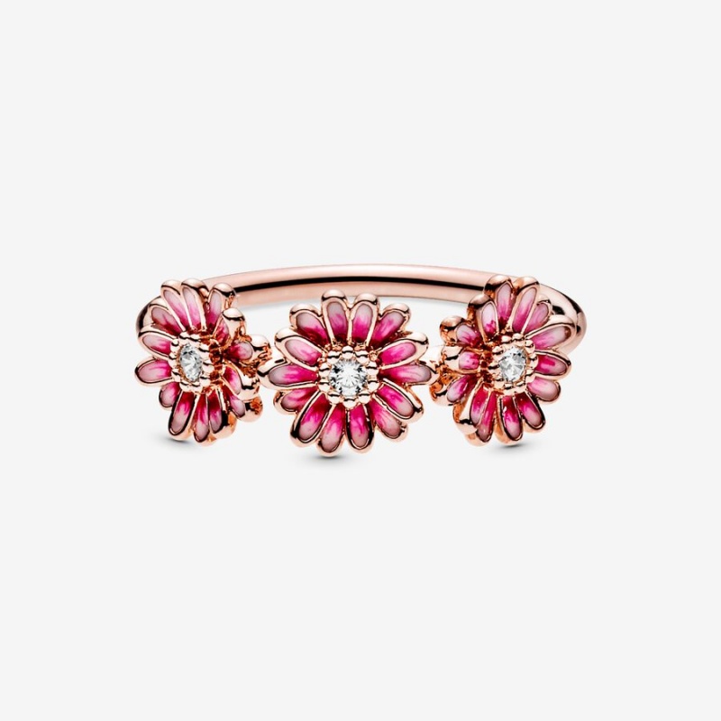 Rose gold plated Pandora Pink Daisy Flower Trio Statement Rings | VKFDIG-637