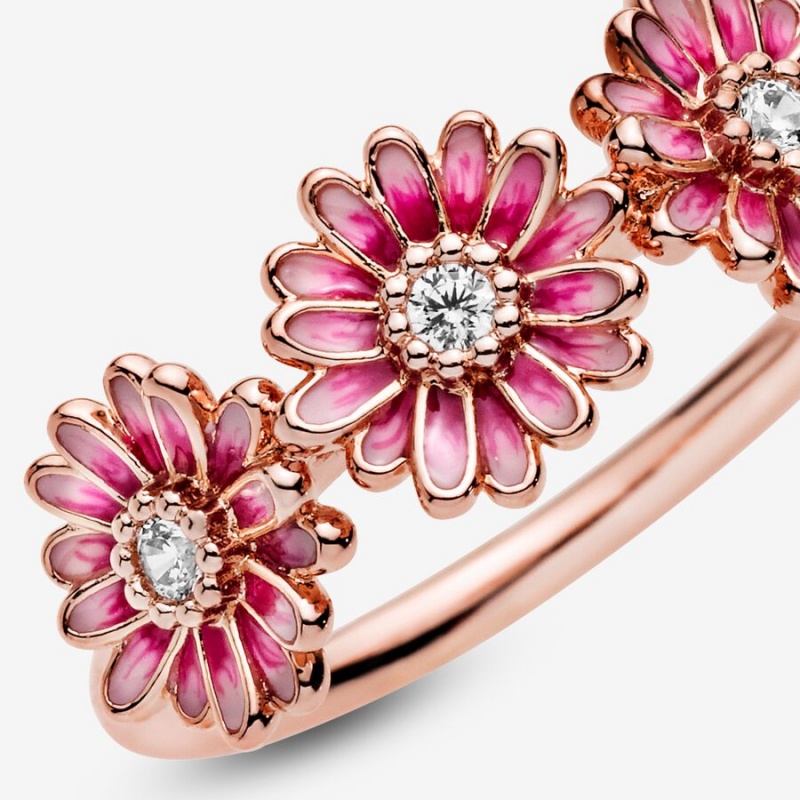 Rose gold plated Pandora Pink Daisy Flower Trio Statement Rings | VKFDIG-637