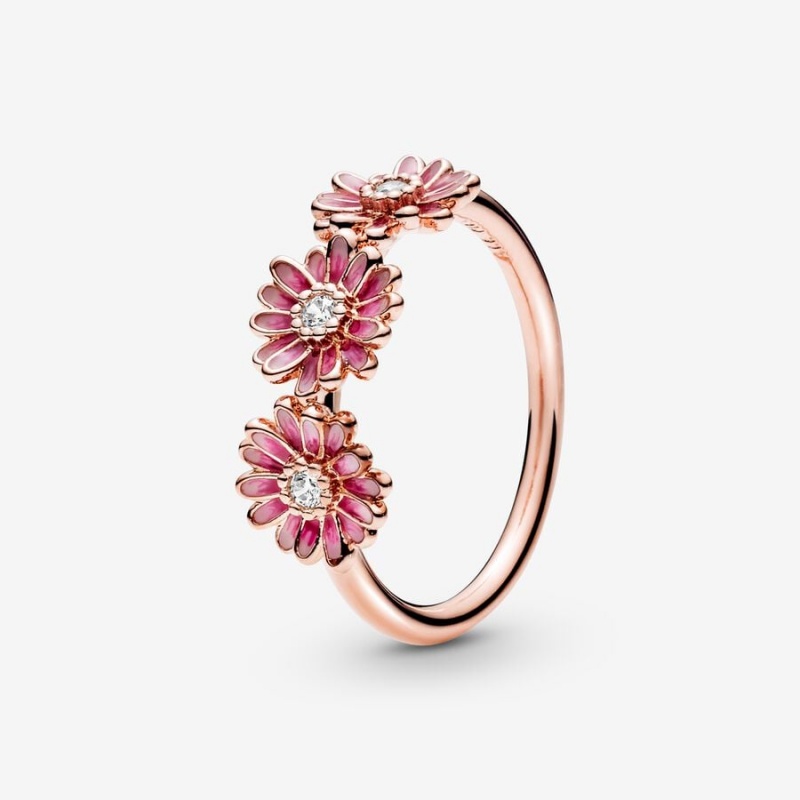 Rose gold plated Pandora Pink Daisy Flower Trio Statement Rings | VKFDIG-637