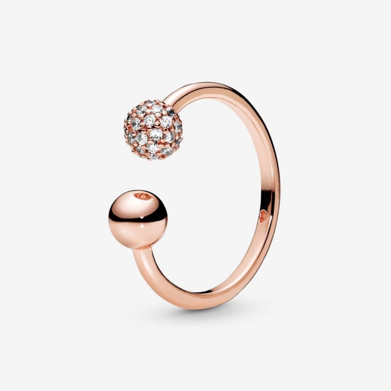 Rose gold plated Pandora Polished & Pave Bead Open Statement Rings | CGOBWQ-748