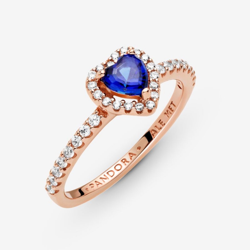 Rose gold plated Pandora Sparkling Blue Elevated Halo & Solitaire Rings | KATVUO-041