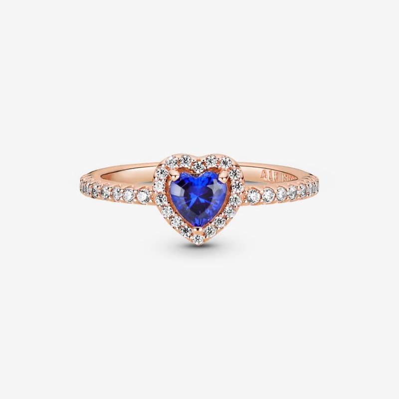 Rose gold plated Pandora Sparkling Blue Elevated Halo & Solitaire Rings | KATVUO-041