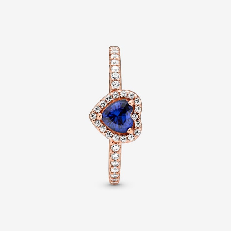 Rose gold plated Pandora Sparkling Blue Elevated Halo & Solitaire Rings | KATVUO-041