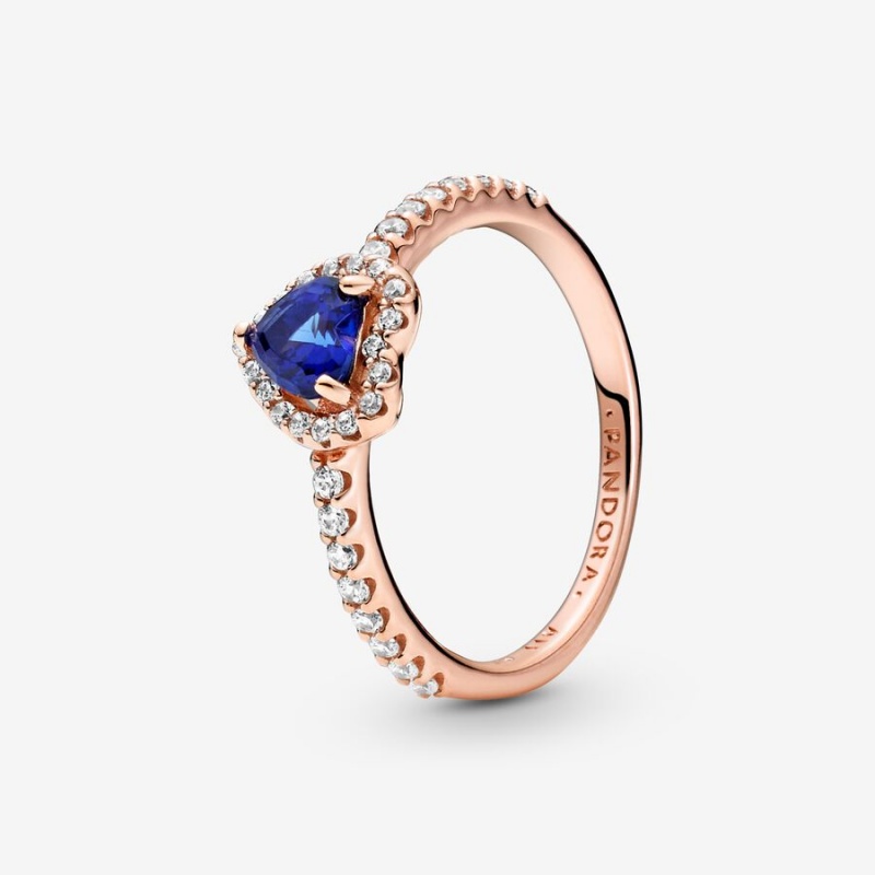 Rose gold plated Pandora Sparkling Blue Elevated Halo & Solitaire Rings | KATVUO-041