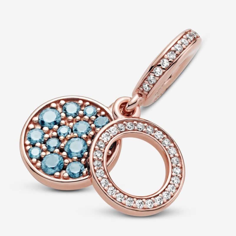 Rose gold plated Pandora Sparkling Light Blue Disc Double Dangle Charms | JRLCUN-104