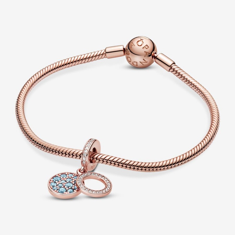 Rose gold plated Pandora Sparkling Light Blue Disc Double Dangle Charms | JRLCUN-104