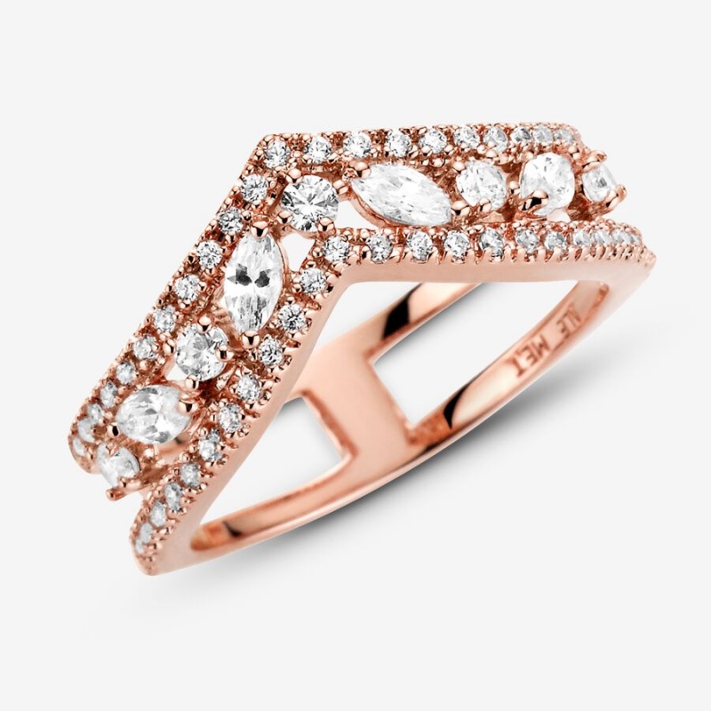 Rose gold plated Pandora Sparkling Marquise Double Wishbone Statement Rings | XSPDTQ-810