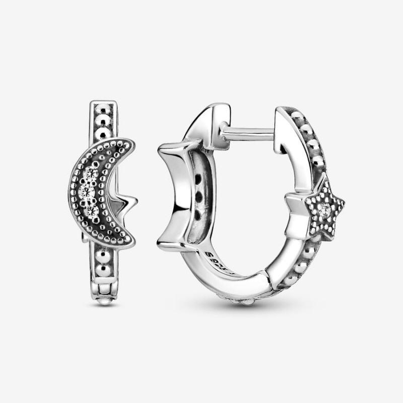 Sterling silver Pandora Crescent Moon & Stars Beaded Hoop Earrings | YWAZGI-258