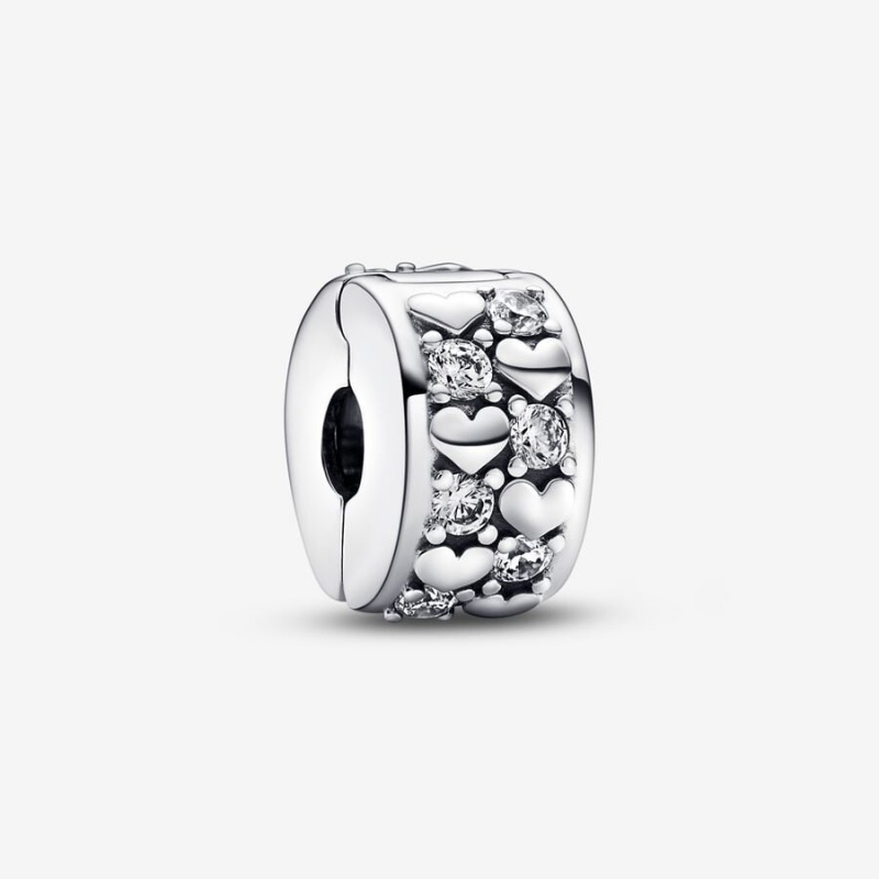 Sterling silver Pandora Infinite Hearts Sparkling Clip Clips | UKHPXA-106